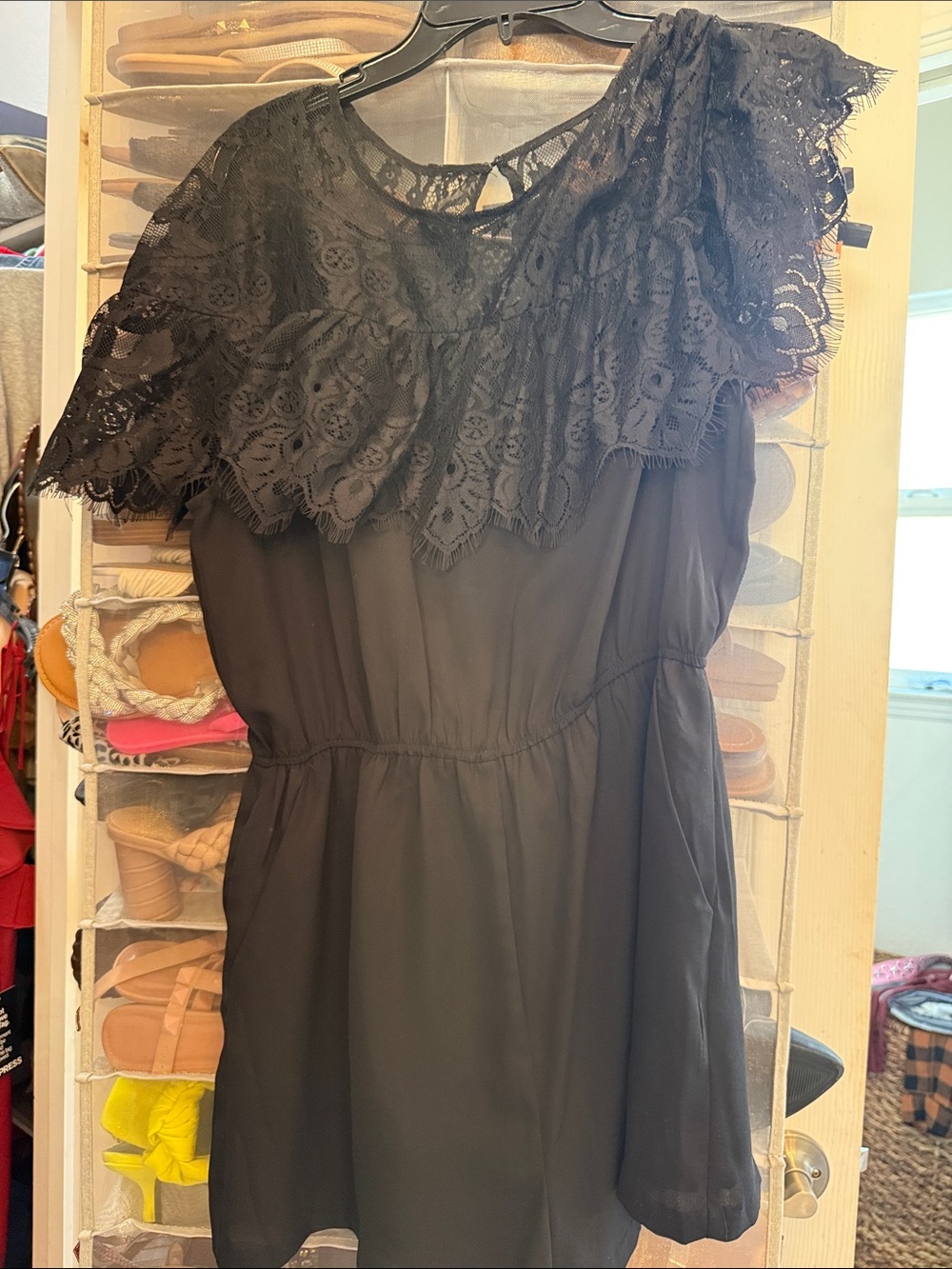 BB Dakota Black One-Shoulder Lace Tunic